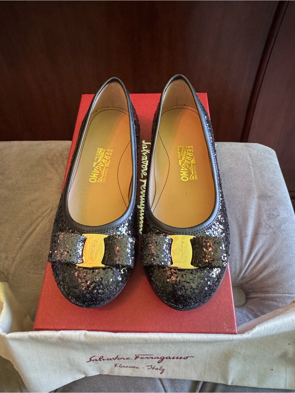 NWT Salvatore Ferragamo little girl black Sequin Varina Mini dress shoes